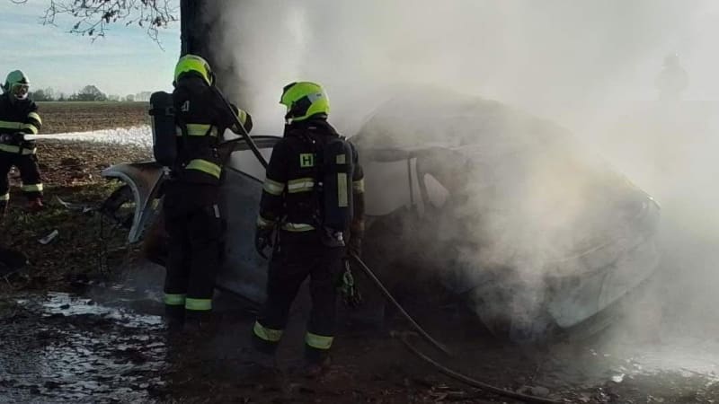 Smrtelná nehoda na Litoměřicku: Řidič narazil do stromu, auto po srážce pohltily plameny
